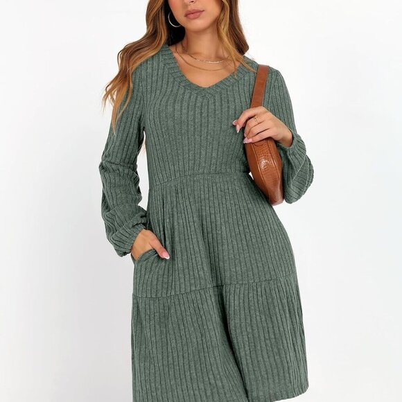 Women's Ribbed Knit Dress Long Lantern Sleeve V Neck Casual Fall Winter - Picture 2 of 7